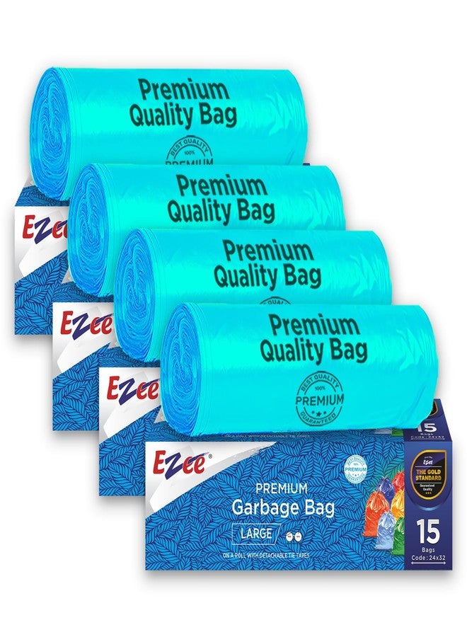 Ezee Blue Garbage Bags Large 60 Pcs | 15 Pcs x Pack of 4 Rolls | 24 x 32 Inch | Dustbin Bags/Trash Bags/Dustbin Covers for Wet and Dry Waste